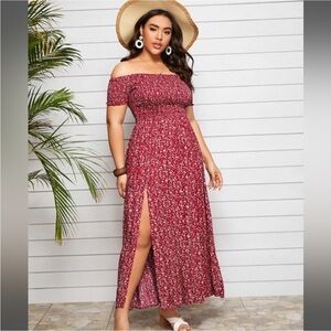 SHEIN Red Floral Off-Shoulder Maxi Dress